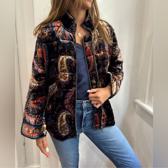 NWT JOHNNY WAS Quilted Velvet Printed Stand Collar Dolman Sleeve Pocketed Jacket